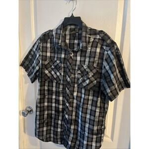 Helix Men's Large Plaid Athletic Fit Short Sleeve‎ Button Up Shirt Multicolor